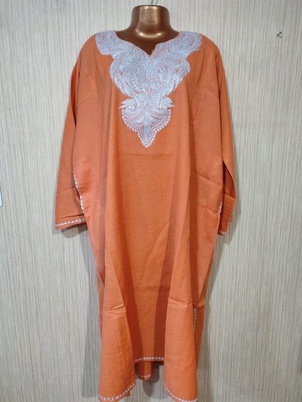 Tilla Work Raffle Wool Kashmiri Pheran in Orange Colour