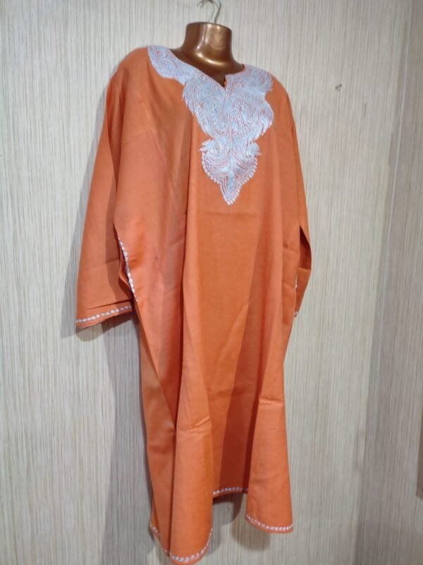 Tilla Work Raffle Wool Kashmiri Pheran in Orange Colour - Image 4