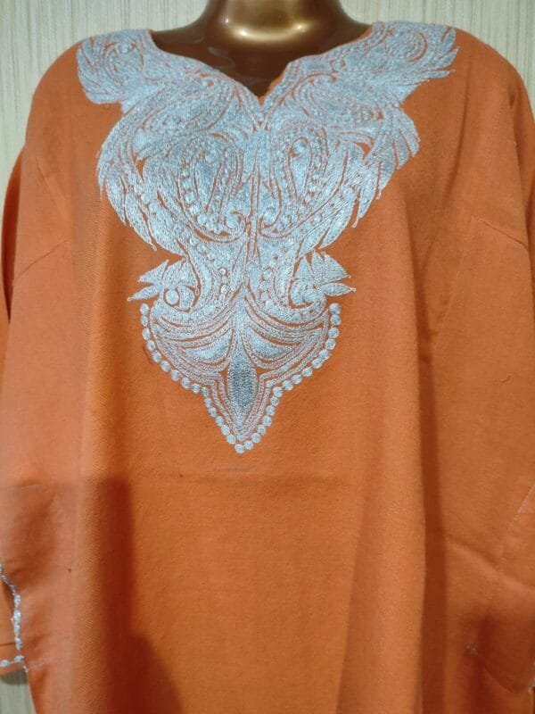 Tilla Work Raffle Wool Kashmiri Pheran in Orange Colour - Image 3