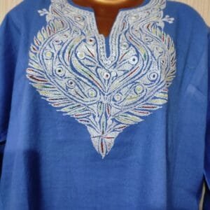 Tilla Work Raffle Wool Pheran in Azure Color