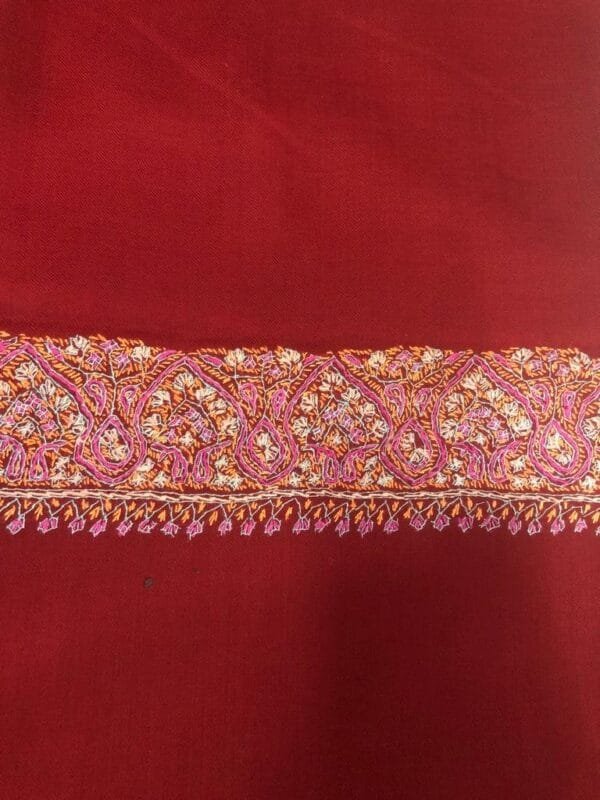 Semi Pashmina Kashmiri Shawl Red, Border Embroidery - Image 3