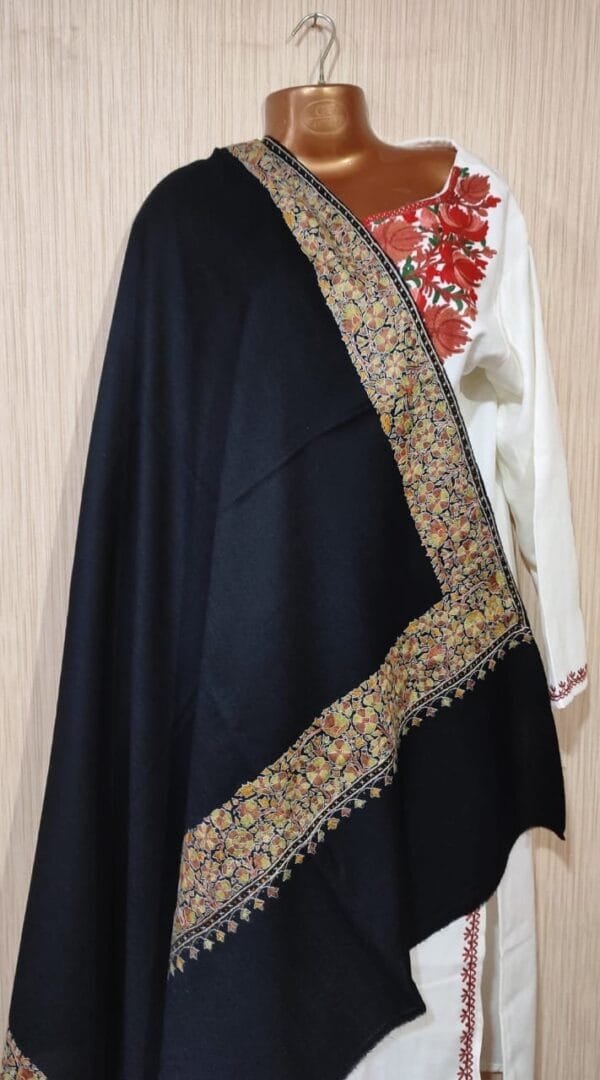 Pashmina Kashmiri Shawl in Black, Thin Border Embroidery - Image 2