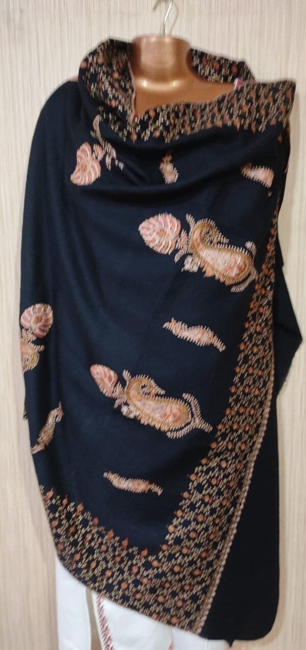 Pashmina Kashmiri Shawl Black, Border and Bootidaar Embroidery - Image 5