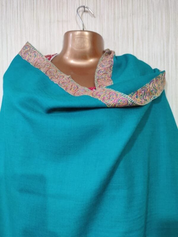 Pashmina Kashmiri Shawl Aquamarine, Border Embroidery - Image 3