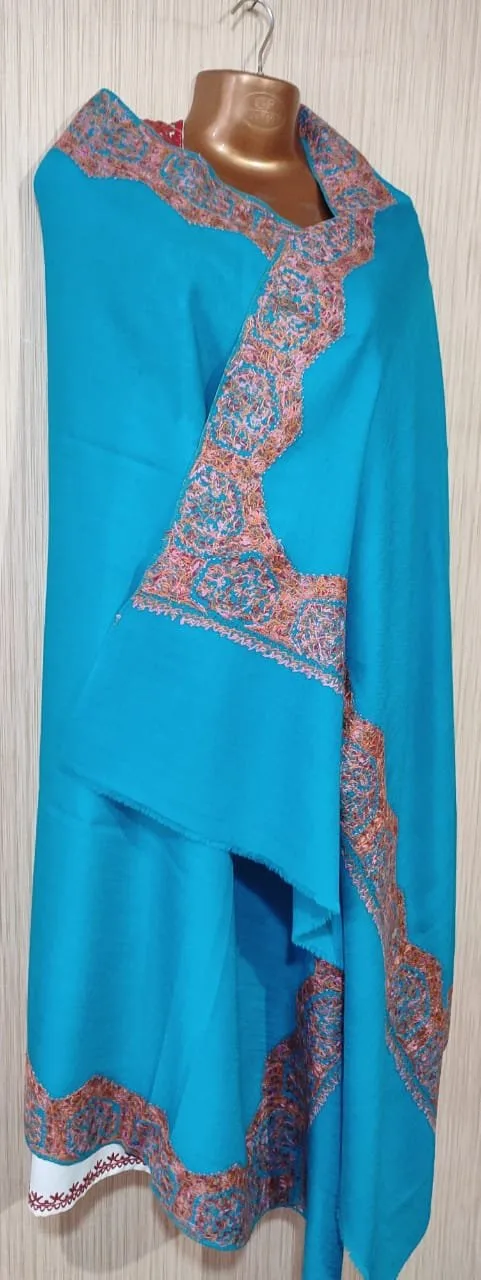 Pashmina Kashmiri Shawl Azure, Border Embroidery - Image 7