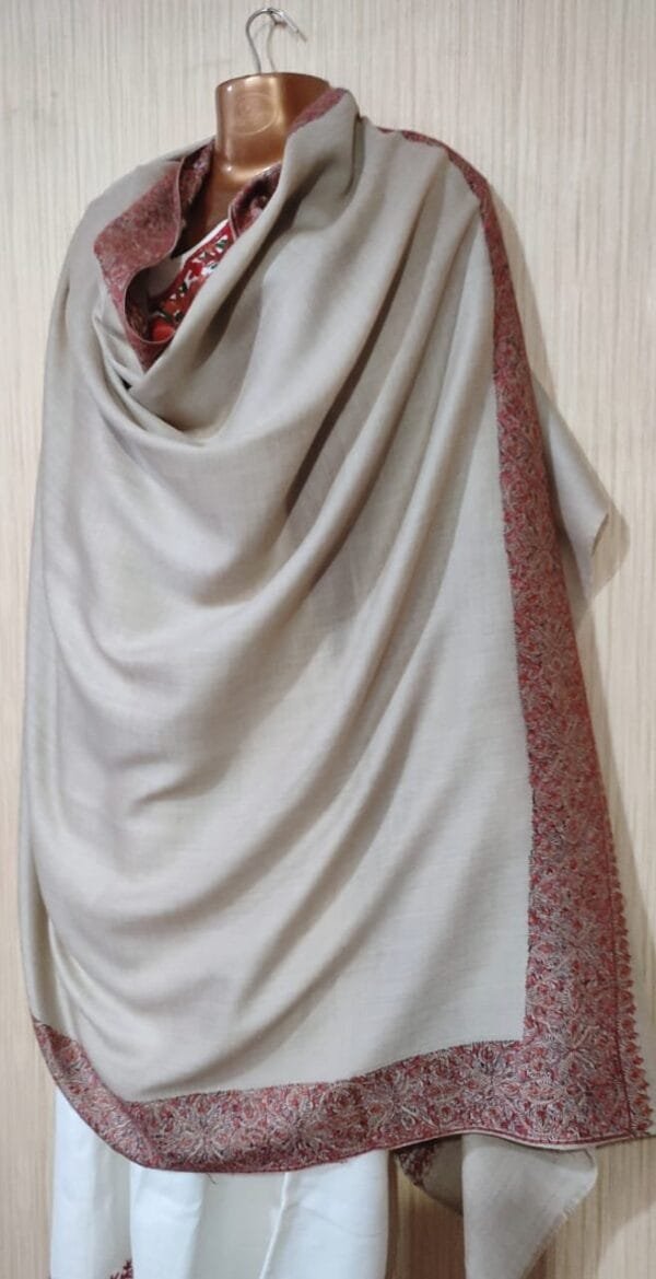 Pashmina Kashmiri Shawl in Basic Pashmina Colour, Thick Border Embroidery - Image 8