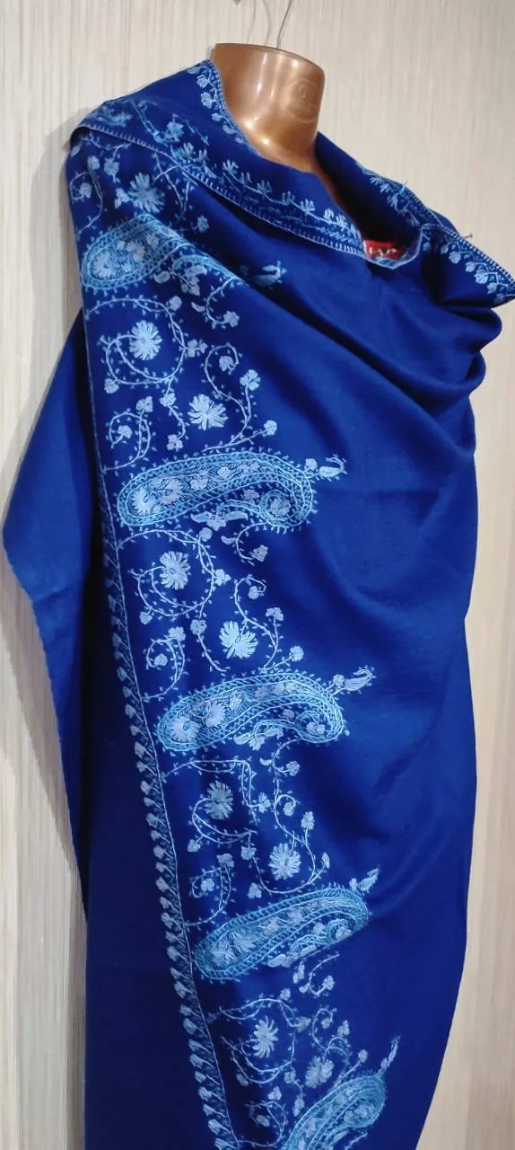 Pashmina Kashmiri Shawl Aquamarine Blue, Full Bootidaar Embroidery Work - Image 7