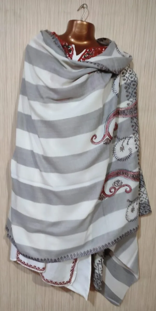 Pashmina Kashmiri Shawl Striped White, Full Embroidery - Image 2