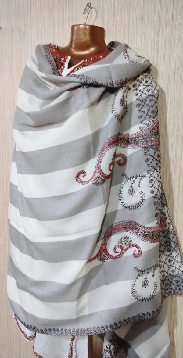 Pashmina Kashmiri Shawl Striped White, Full Embroidery - Image 4