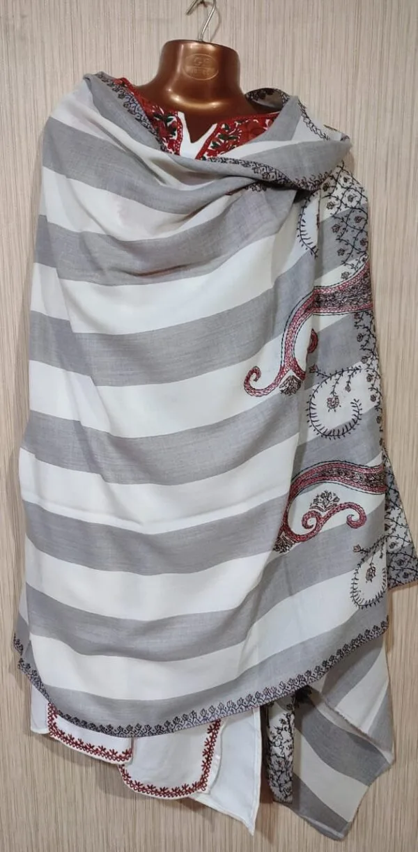 Pashmina Kashmiri Shawl Striped White, Full Embroidery - Image 6