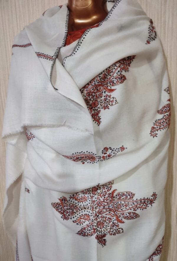 Pashmina Kashmiri Shawl White, Full Embroidery