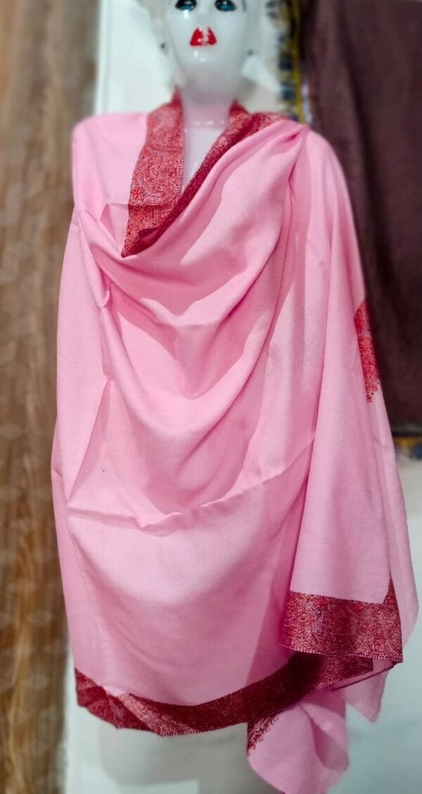 Pashmina Kashmiri Shawl Pink, Thick Border Embroidery - Image 2