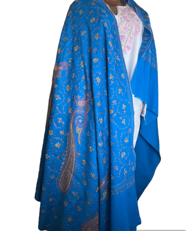 Semi Pashmina Kashmiri Shawl Dark Blue Full Embroidery - Image 3