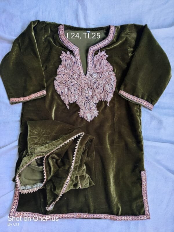 Green Velvet Pheran with Kashmiri Design Tilla Work - Image 2