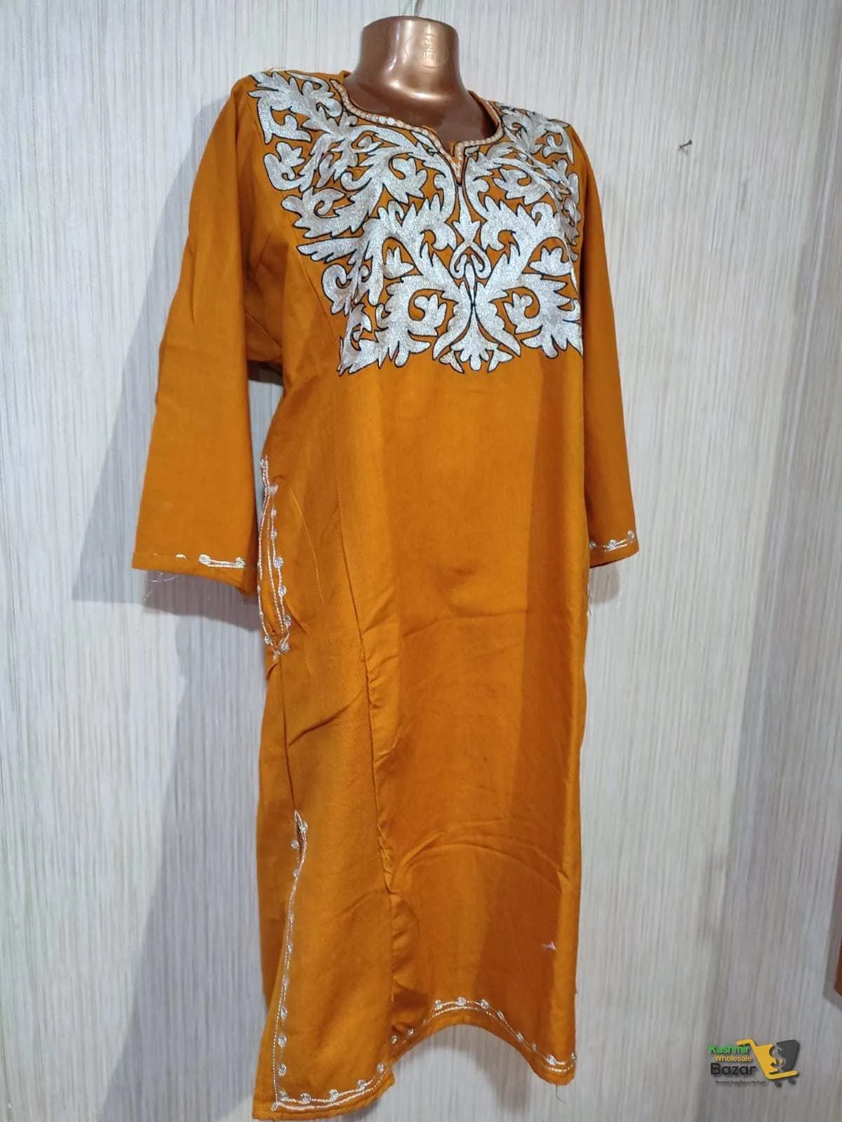 Silver Tilla Work Woolen Pheran in Mustard - Image 7
