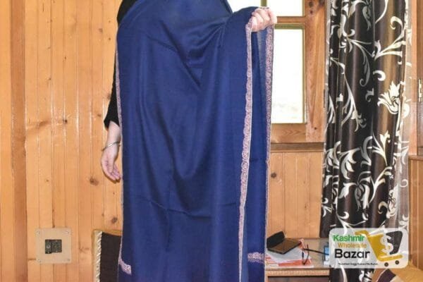 Semi Pashmina Kashmiri Shawl Blue, Thin Border Embroidery - Image 4