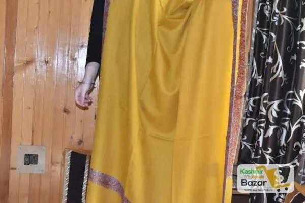 Semi Pashmina Kashmiri Shawl Yellow, Border Embroidery - Image 9