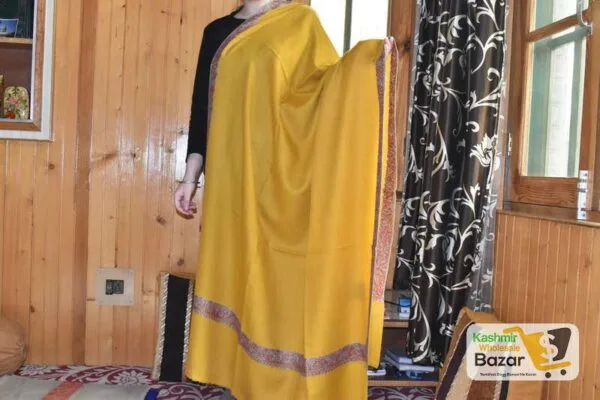 Semi Pashmina Kashmiri Shawl Yellow, Border Embroidery - Image 10