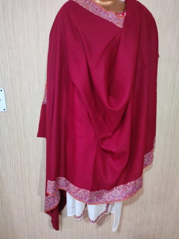 Semi Pashmina Kashmiri Shawl Red, Border Embroidery - Image 4