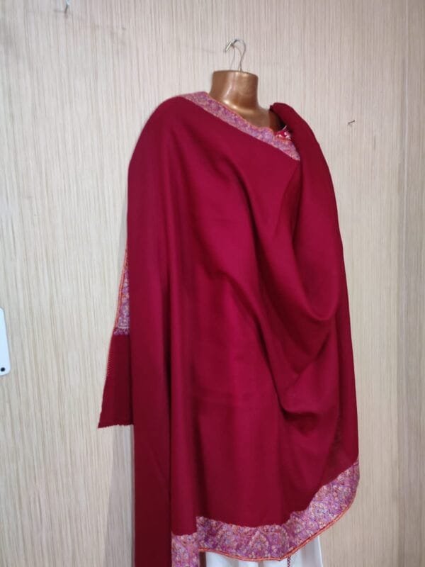 Semi Pashmina Kashmiri Shawl Red, Border Embroidery - Image 5