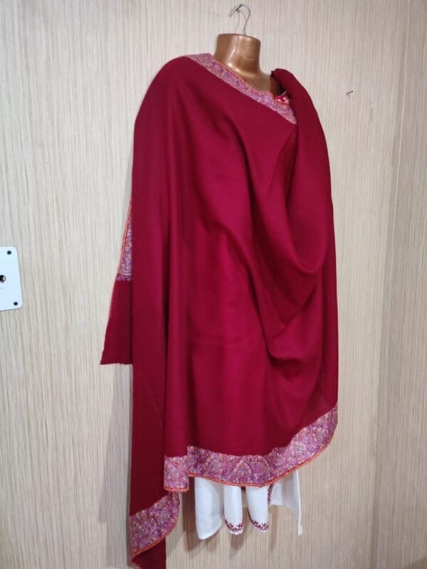 Semi Pashmina Kashmiri Shawl Red, Border Embroidery - Image 6