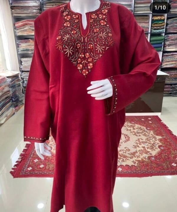 Sozni Work Ladies Woollen Pheran in Cherry Color