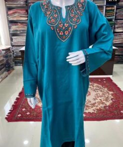 Sozni Work Ladies Woollen Pheran in Aquamarine Colour