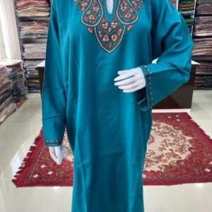 Sozni Work Ladies Woollen Pheran in Aquamarine Colour