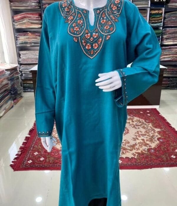 Sozni Work Ladies Woollen Pheran in Aquamarine Colour