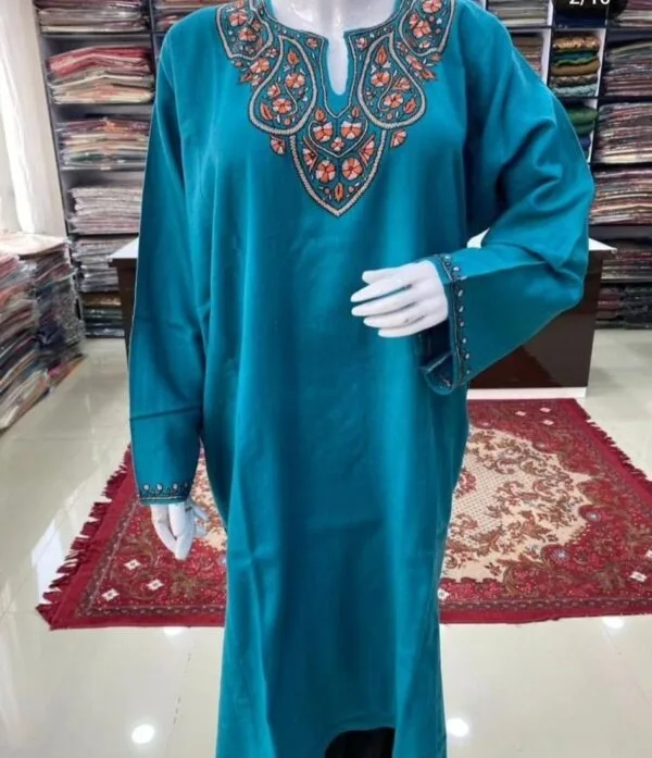 Sozni Work Ladies Woollen Pheran in Aquamarine Colour