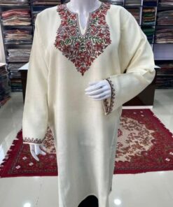 Sozni Work Ladies Woollen Pheran in Beige Color