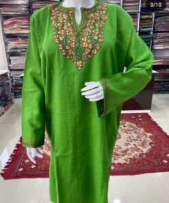 Sozni Work Ladies Woollen Pheran in Parrot Green Color