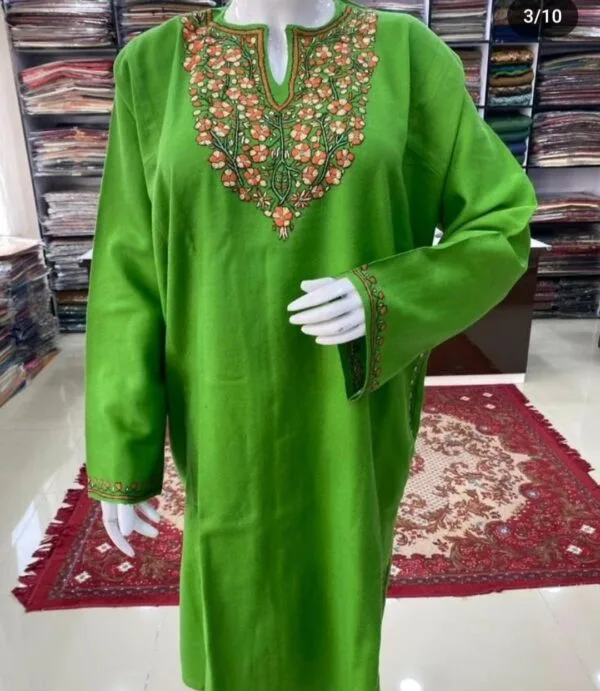 Sozni Work Ladies Woollen Pheran in Parrot Green Color