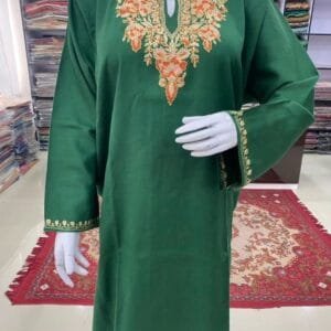 Sozni Work Ladies Woollen Pheran in Bottle Green Color
