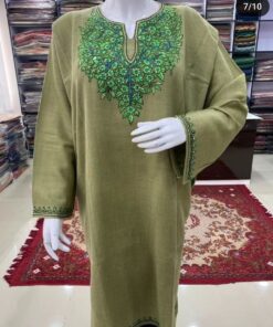 Sozni Work Ladies Woollen Pheran in Light Green Color