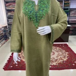 Sozni Work Ladies Woollen Pheran in Light Green Color