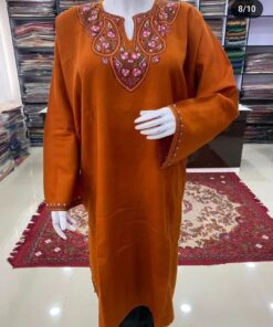 Sozni Work Ladies Woollen Pheran in Rust Color