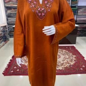 Sozni Work Ladies Woollen Pheran in Rust Color