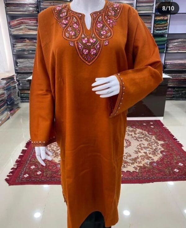 Sozni Work Ladies Woollen Pheran in Rust Color