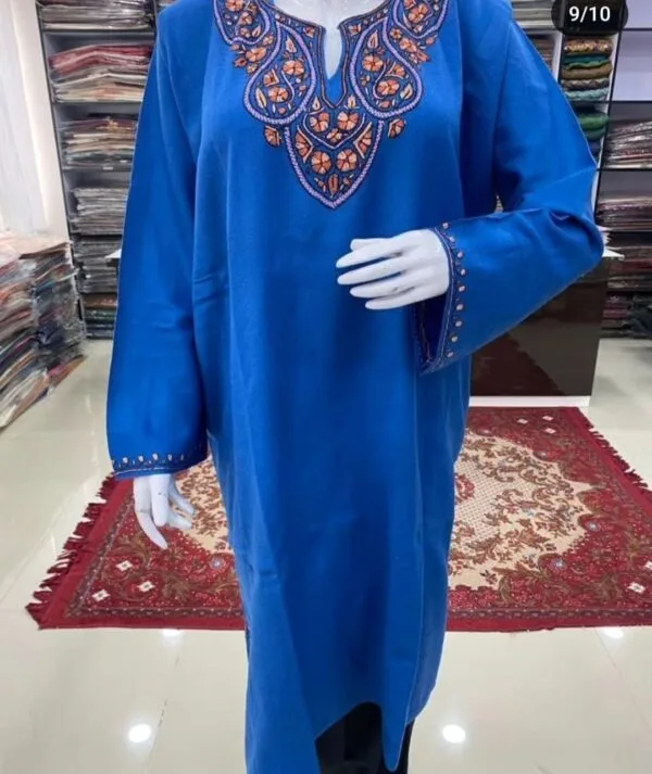 Sozni Work Ladies Woollen Pheran in Blue Color