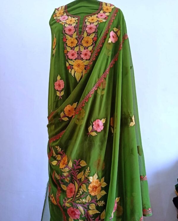 Kashmiri 3-Piece Georgette Suit in Bottle Green